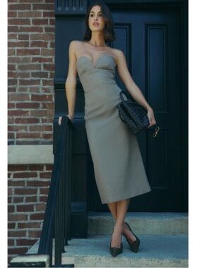 Meshki Christie dress tan check, strapless tailored midi dress,